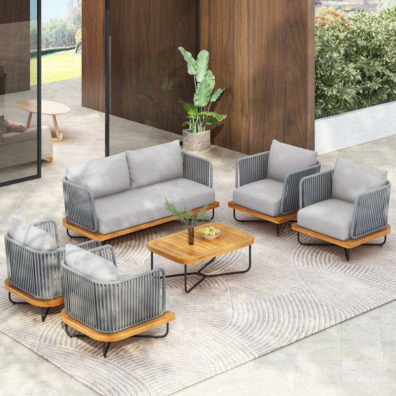 Outdoor 6-Pieces Acacia Wood And Rope Woven Paito Conversation Set, Gray