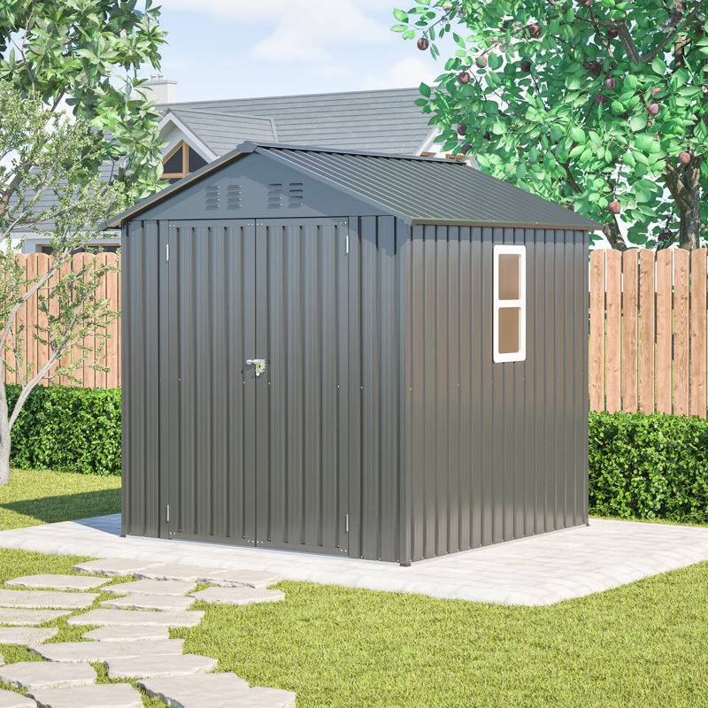 6x6 Ft Durable Outdoor Storage Shed Metal Garden Tool Shed With Lockable Doors, Windows & Frame Floor For Backyard Garden Patio Furniture Lawn