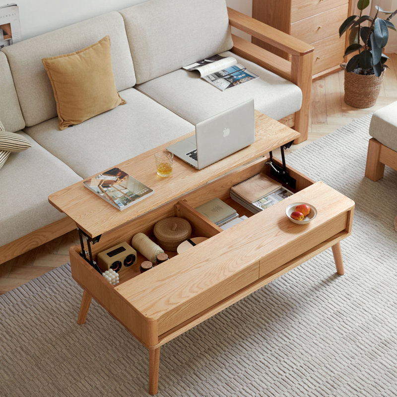 Elevating Center Table Low Table 100% Solid Oak Wood Top Plate Desk Coffee Table Height 45 Cm Study Desk Work From Home Easy To Assemble Natural Color Wood With Storage Shelf