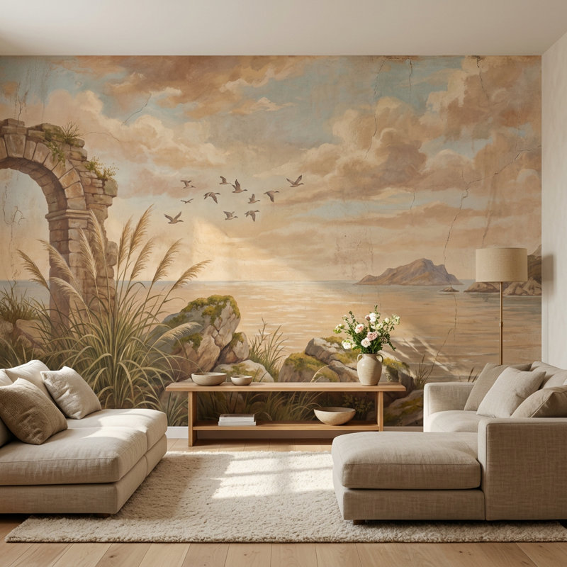 Murale de paysage côtier, ruche en pierre, fresque murale rétro, Texturé non collé, 100 po x 96 po