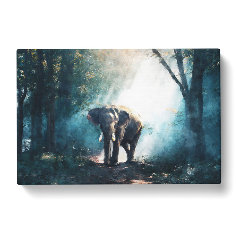 Elephant Roaming In A Green Forest Painting - Wrapped Canvas, 60cm H x 91cm W x 3cm D