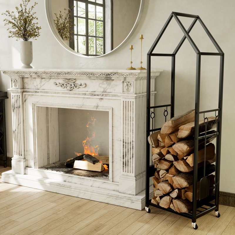 Hagenah 18'' W Metal House Log Rack with Wheels and 4-Piece Fireplace Tool Set