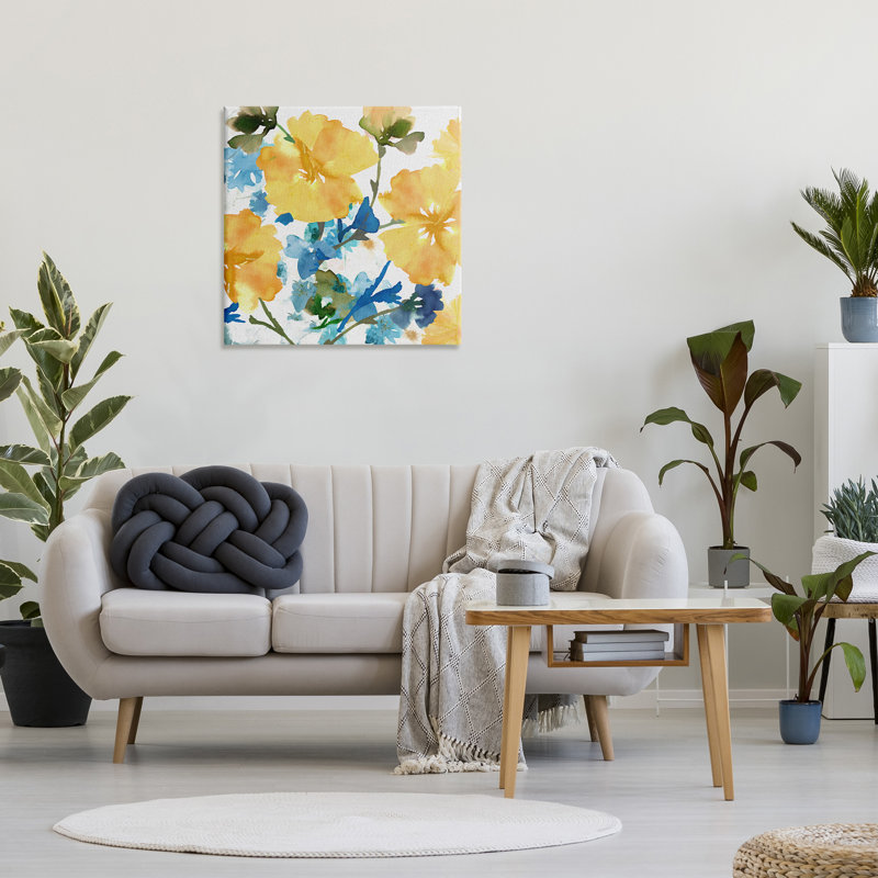 Hibiscus jaune et bleu sur toile, H 30 po x l 30 po x P 1,5 po