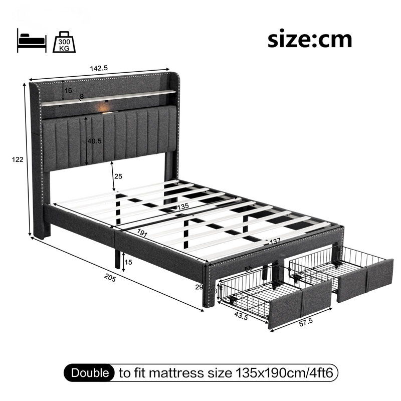 Caida Upholstered Storage Bed, Grey