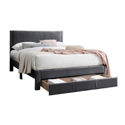 Contemporary Bedroom Queen Bed, Charcoal Corduroy, Practical Storage Drawer Modern Bed With Corduroy Upholstery, Charcoal, Underbed Box