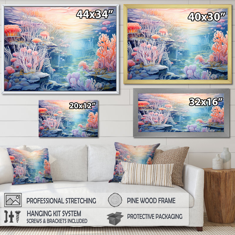 «Turquoise and Pink Underwater World I», reproduction sur toile, H 34 po x l 44 po x P 1,5 po, Encadrement doré