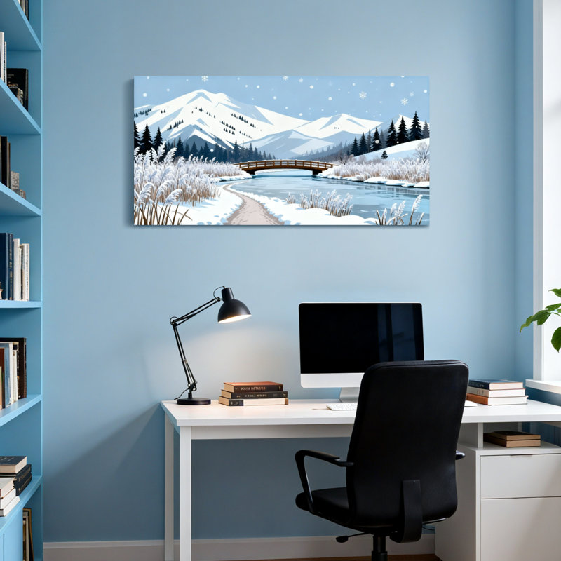 Paysage et nature Paysage d'hiver Snowy Mountains River Bridge, H 28 po x l 58 po