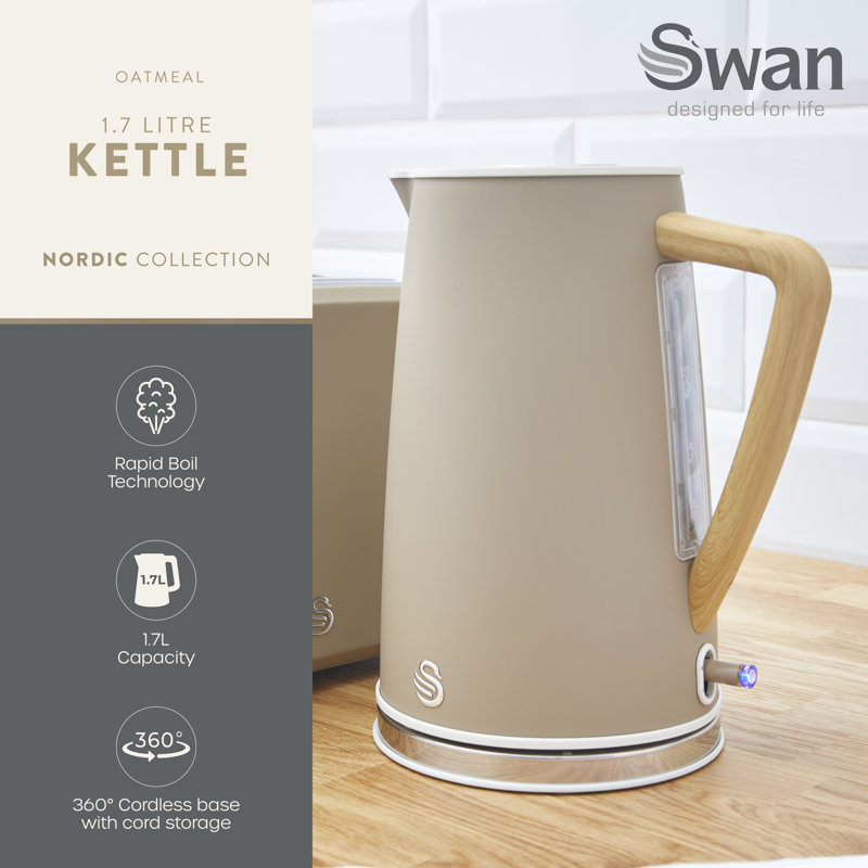 Swan SK14610 Nordic Cordless Jug Kettle with Fast Boil Technology, Overheat Protection, Soft Touch Handle, 1.7L, 3KW