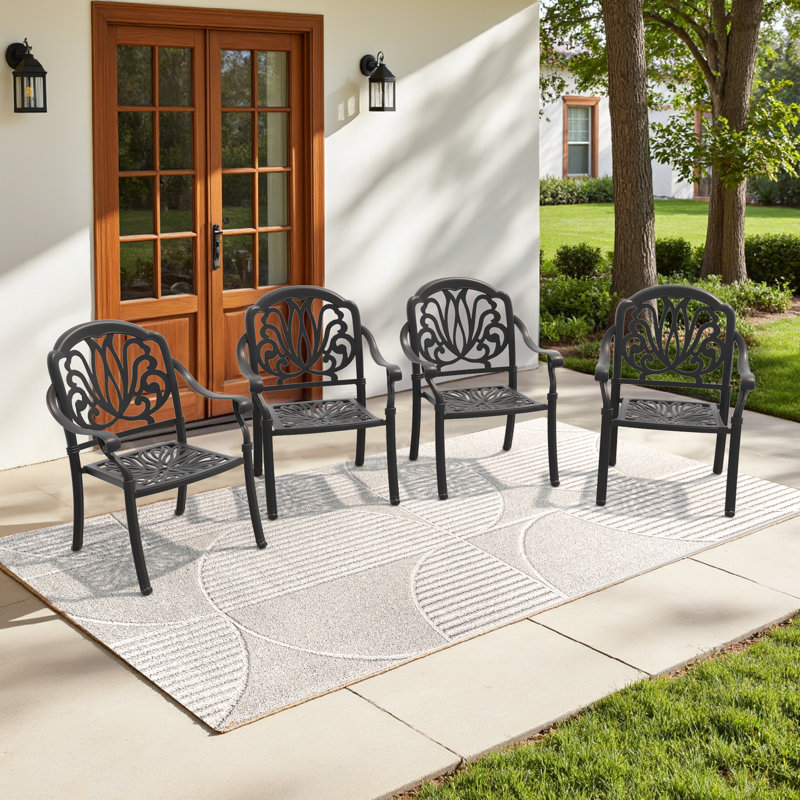 Cast Aluminum Patio Stacking Armchair 4PCS With Black Frame And Cushions In Brown Colors