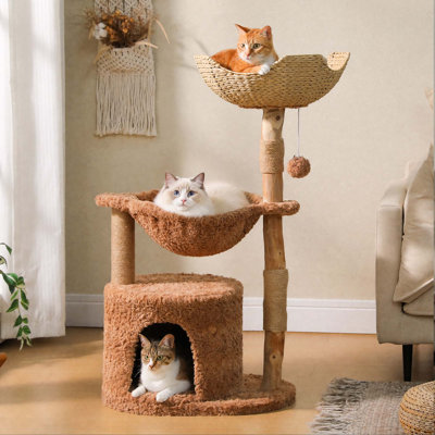 Arbre à chat moderne avec poteau à griffer en bois massif naturel, panier en osier spacieux, grand hamac, condo de luxe pour chats d'intérieur