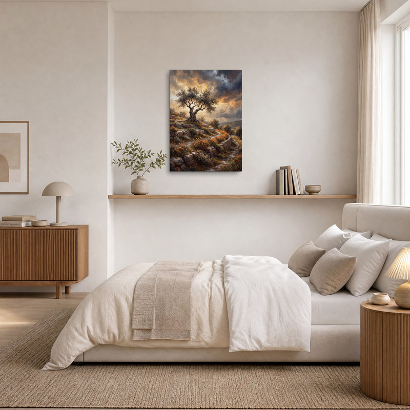 «Gnarled Olive Tree Rainy Landscape Orange Flowers», art mural sur toile, H 48 po x l 32 po