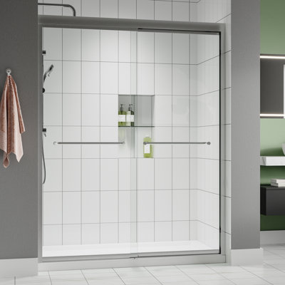 Porte de douche/baignoire coulissante double Fusion 56''-60''L x 57''H, encadrée, en nickel brossé avec verre clair 5/16''