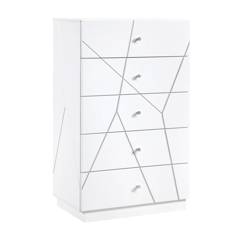 Commode de rangement glamour à 5 tiroirs avec détails géométriques pour la chambre à coucher