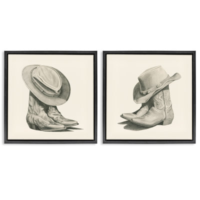«Rustic Cowboy Bottes», ensemble de 2 toiles flottantes encadrées noires par Grace Popp