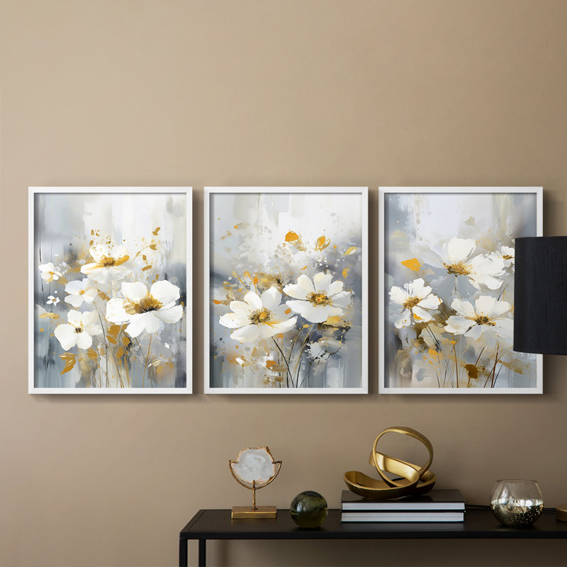 Série d'étude florale Cxxxvi -Set de 3 estampes numériques giclées -Prêt à, Cadre blanc, H 10 po x l 8 po
