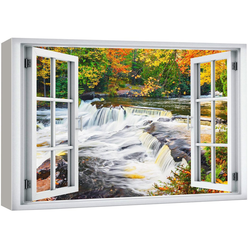 Automne, automne, «fenêtre, vue, automne rustique, forêt, rivière, rapides, images naturelles, paysage», H 24 po x l 36 po