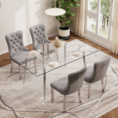 Modern Rectangle Tempered Glass Dining Table Set, Luxury Dining Table with Tufted Velvet Dining Chair for Dining Room