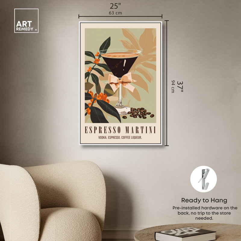 «Classy Espresso Martini Post», reproduction sur toile tendance par Art Remedy, H 37 po x l 25 po, Cadre flottant blanc