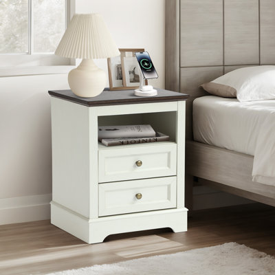 Farmhouse Nightstand with Charging Station, Side Table for Bedroom, Living Room