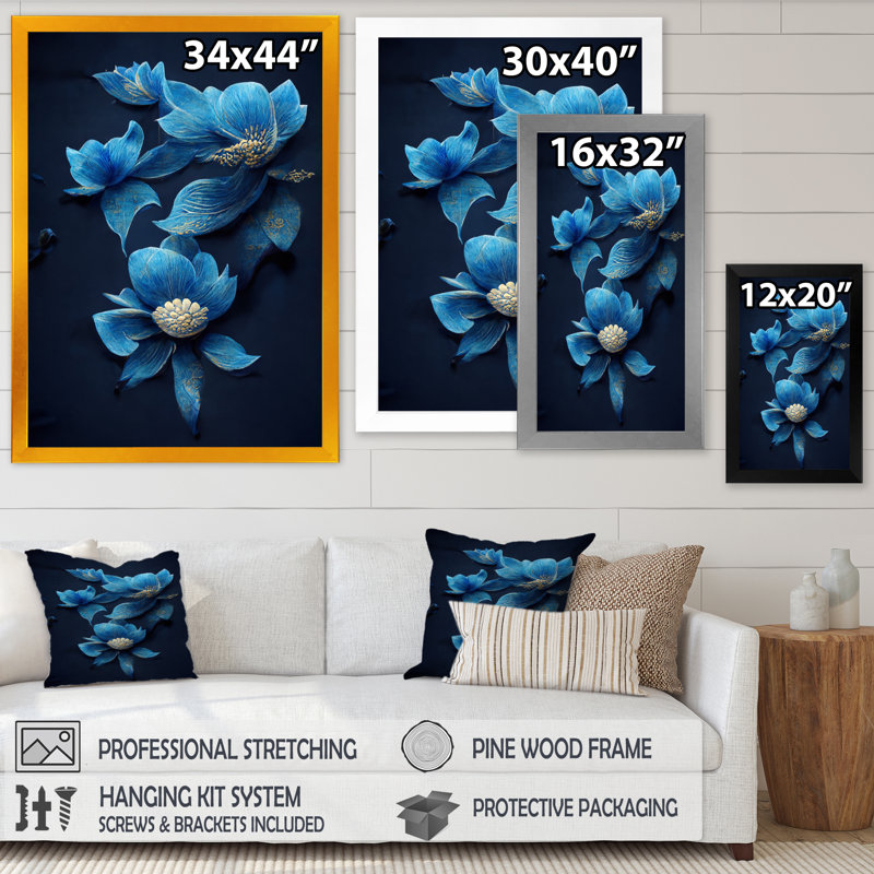 Décoration murale rétro en bois bleu clair chinois V - Floral, Cadre photo noir, H 32 po x l 24 po x P 1 po