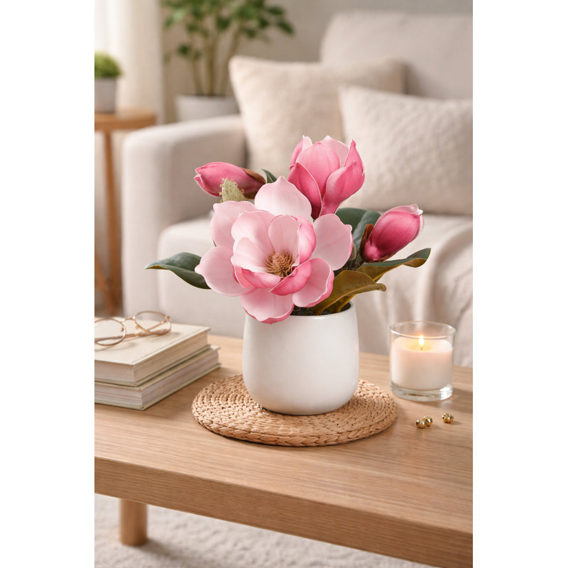 9" Faux Magnolia Arrangement in White Glass Vase