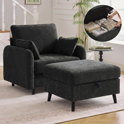 Fauteuil d'appoint moderne en chenille avec repose-pieds, ensemble de salon surdimensionné avec compartiment de rangement dissimulé