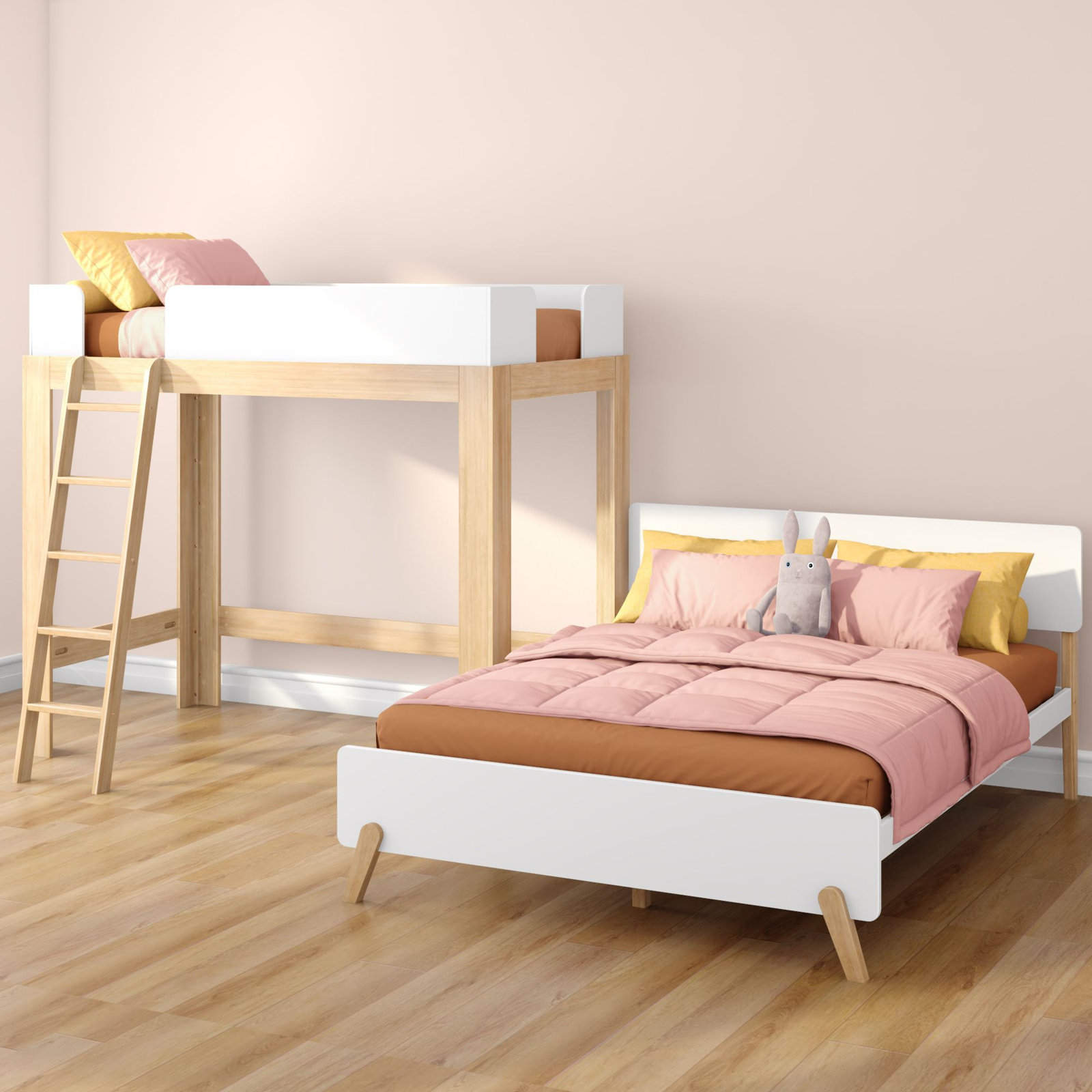 Bellmont L-Shaped Bunk Bed, Twin over Queen, White/Blonde