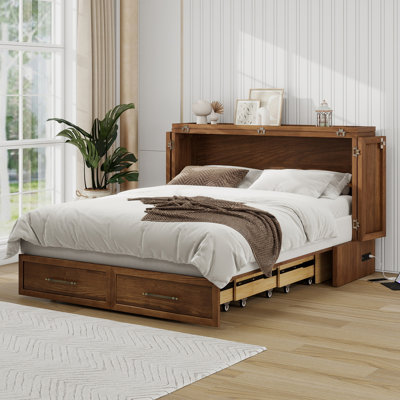 Grand lit escamotable en bois massif avec grand tiroir de rangement et station de charge, noyer rustique, matelas inclus