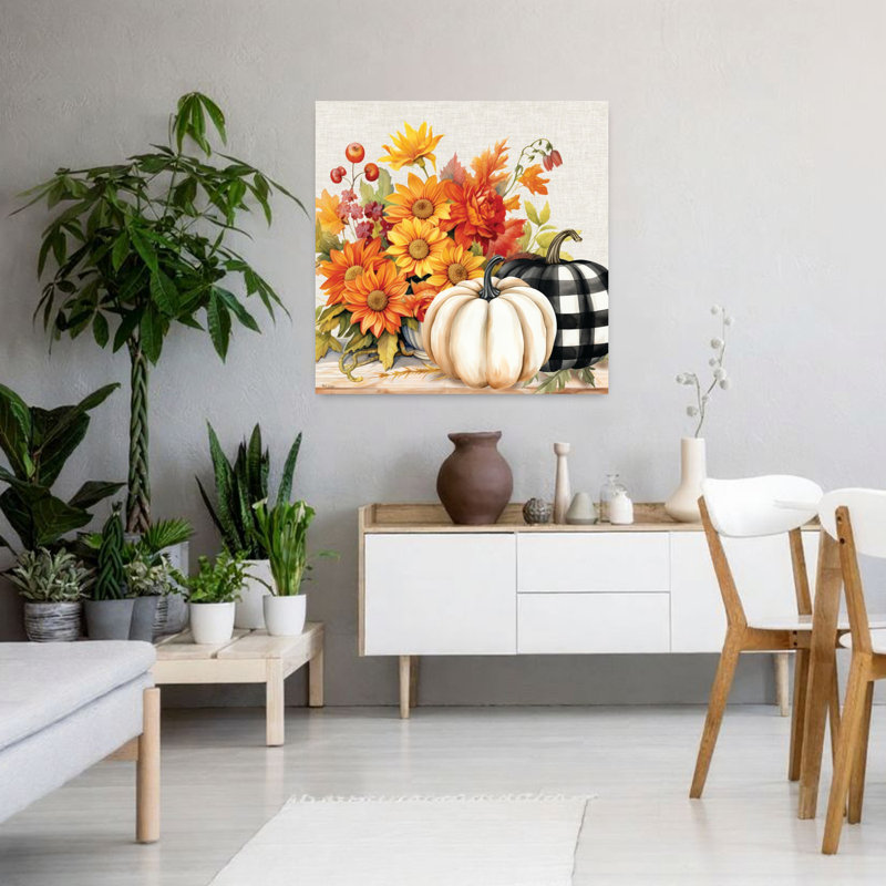 Art contemporain avec fleurs et citrouilles d'automne, H 36 po x l 36 po