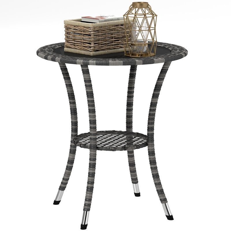 Table de salle à manger en osier avec tablette à 2 niveaux, table basse ronde, Gris