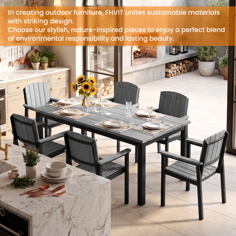 Outdoor Dining Sets Patio Table and Chairs Set 7-Piece, Aluminum Frame HDPS Faux Wood, All Weather Patio Dining Set with Umbrella Hole for Garden Backyard Poolside