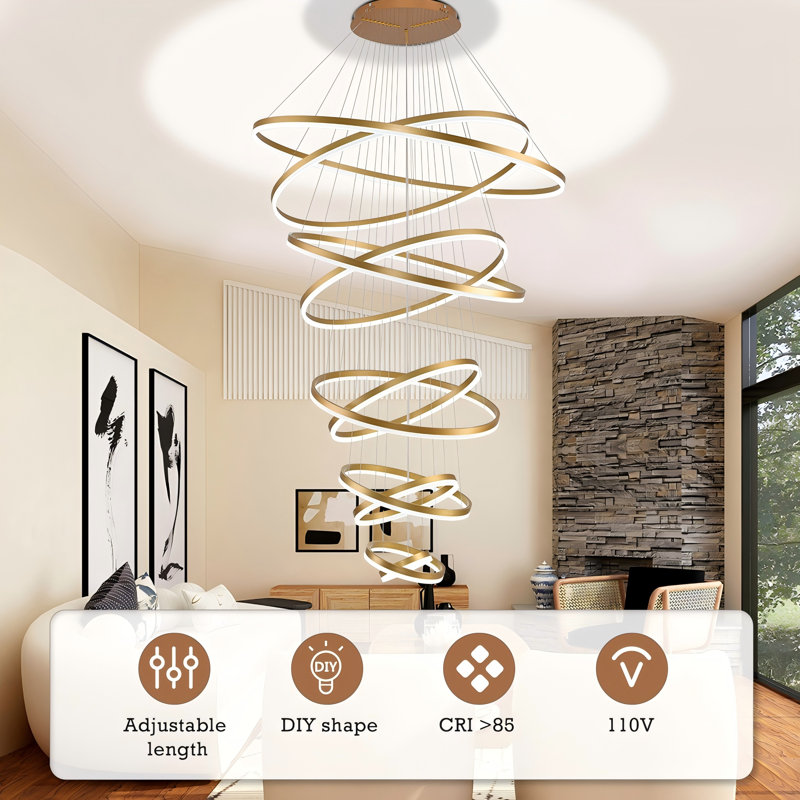 Lustre moderne à DEL avec anneaux à haut plafond, Doré, H 236 po x l 47 po x P 47 po