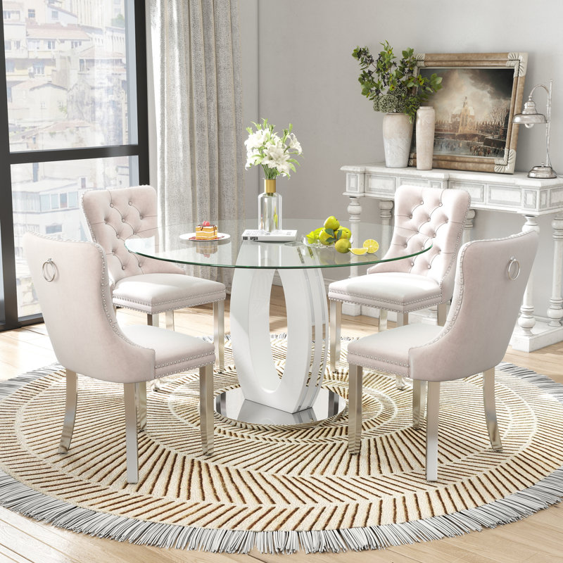 Ensemble de salle à manger 5 pièces, Beige, Blanc / argenté