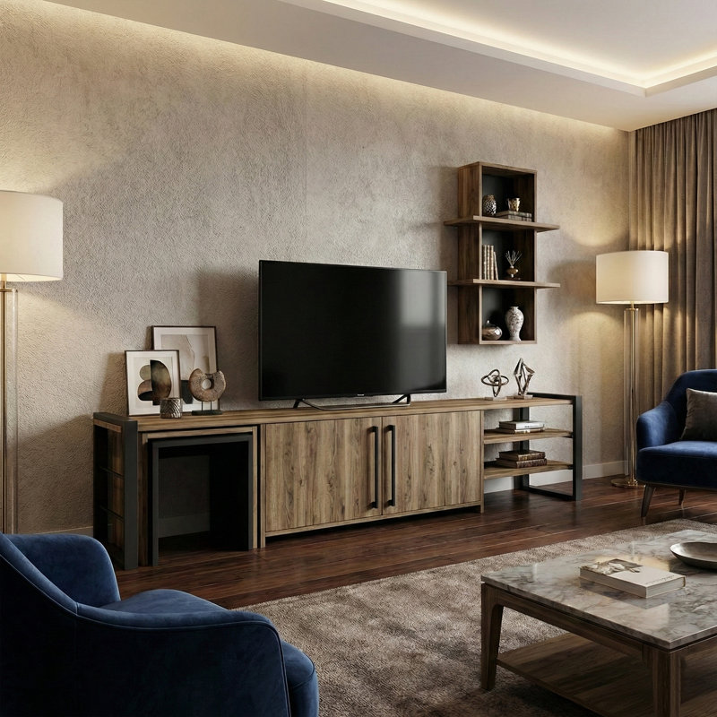 Meuble télé polyvalent pour téléviseur de 78 po ou moins avec tables gigognes et tablette murale