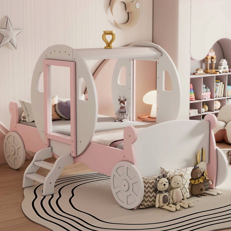 Lit de voiture avec couronne Princess, lit plateforme en bois avec escalier, Blanc / Rose
