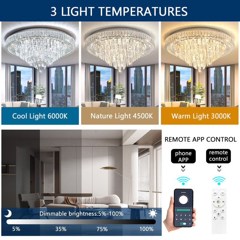 Crystal Chandeliers Led Dimmable Ceiling Light, Silver