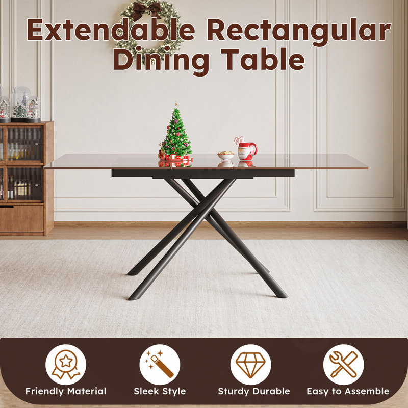 Table de salle à manger 59 "rectangulaire extensible avec rallonge rétractable, plateau en verre sablé et base en acier au carbone, table robuste pour 4 à 6 personnes