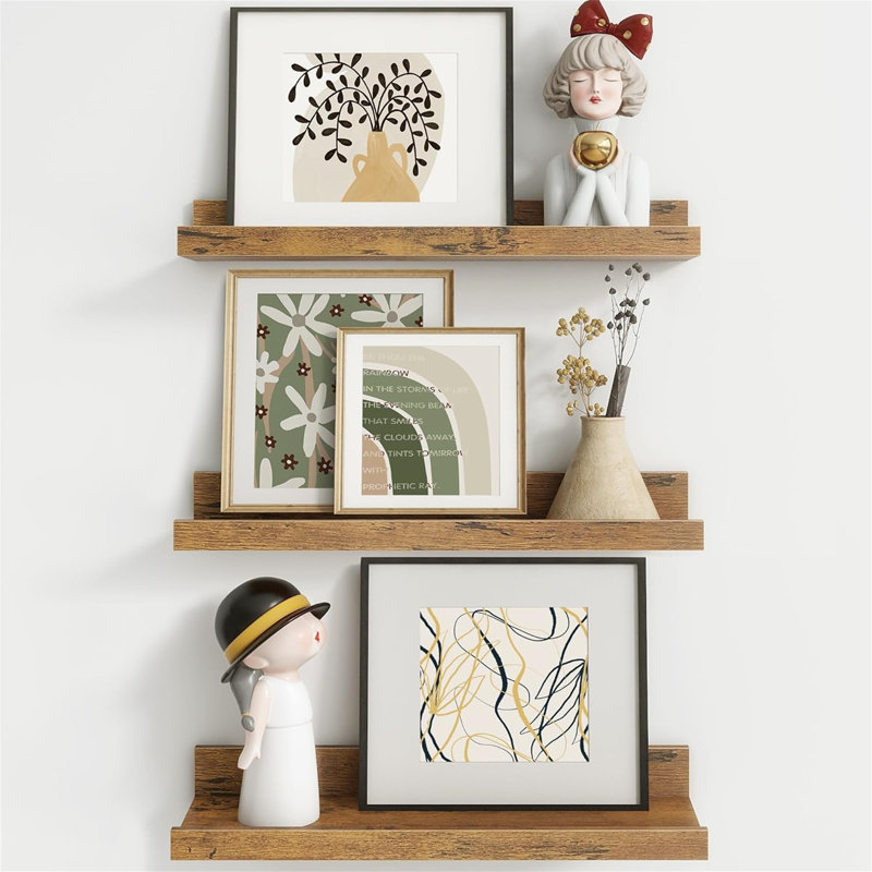 Rustic Floating Shelves Set of 3 with Lip, Picture Ledge Shelf for Nursery, Living Room – Multipurpose Storage Organizer, Bookshelf, & Photo Display Rack Rustic Brown