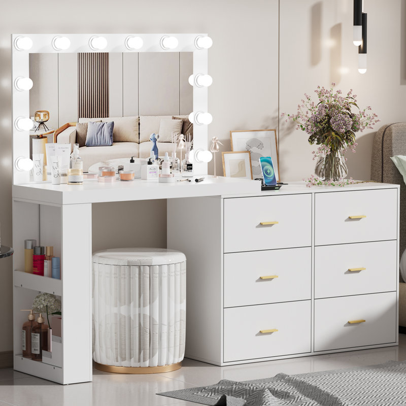 Makeup Vanity Desk with Mirror and 3-Colour Lights,6 Drawers Vanity Table with Charging Station, White