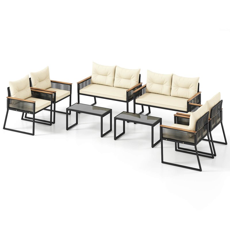  8 Pcs Patio Furniture Set With Tempered Glass Coffee Table Pe Wicker Rattan Chairs