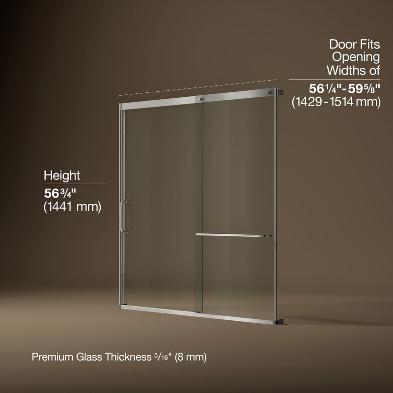 Elate Sliding Bath Door, 56-3/4-In H X 56-1/4 - 59-5/8-In W With Heavy 5/16-In Thick Crystal Clear Glass, Nickel