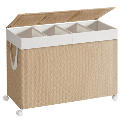3-section Rolling Laundry Hamper With Wheels & Removable Liner, Extra Large 140l Rattan-style Clothes Basket With Lid For Organized Sorting, Perfect F -  INTEGATOIC LLC, 820125