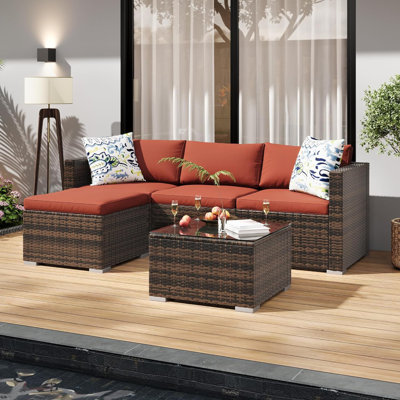 Outdoor Patio Furniture Set, 5 Pieces Rattan Patio Conversation Sets with Glass Coffee Table and Cushion,All Weather Outdoor Patio Sofa for Garden, Poolside, Backyard