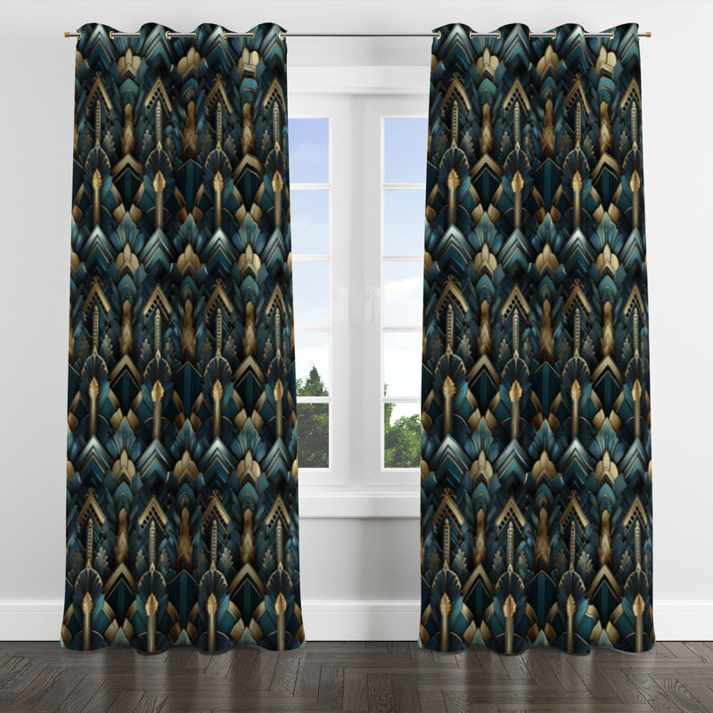 Teal And Gold Art Deco Geometric Glamour - Damask Blackout Grommet Curtain - 1 Panel, 52" W x 95" L, Golden Grommets