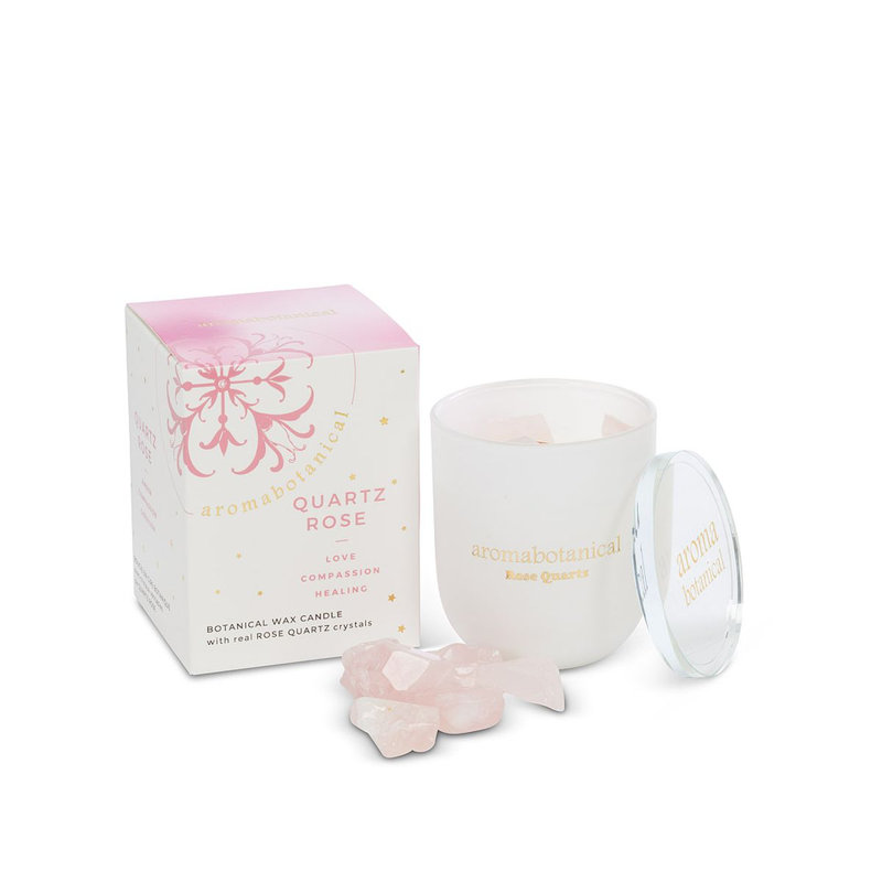 Cristaux de quartz rose et bougie parfumée en pot