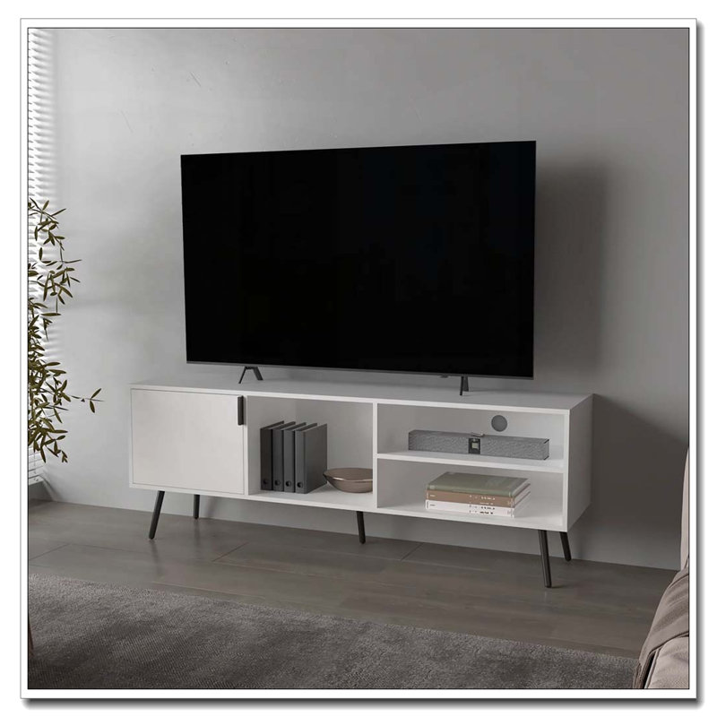 Meuble télé blanc avec rangement et porte ouverte, Blanc