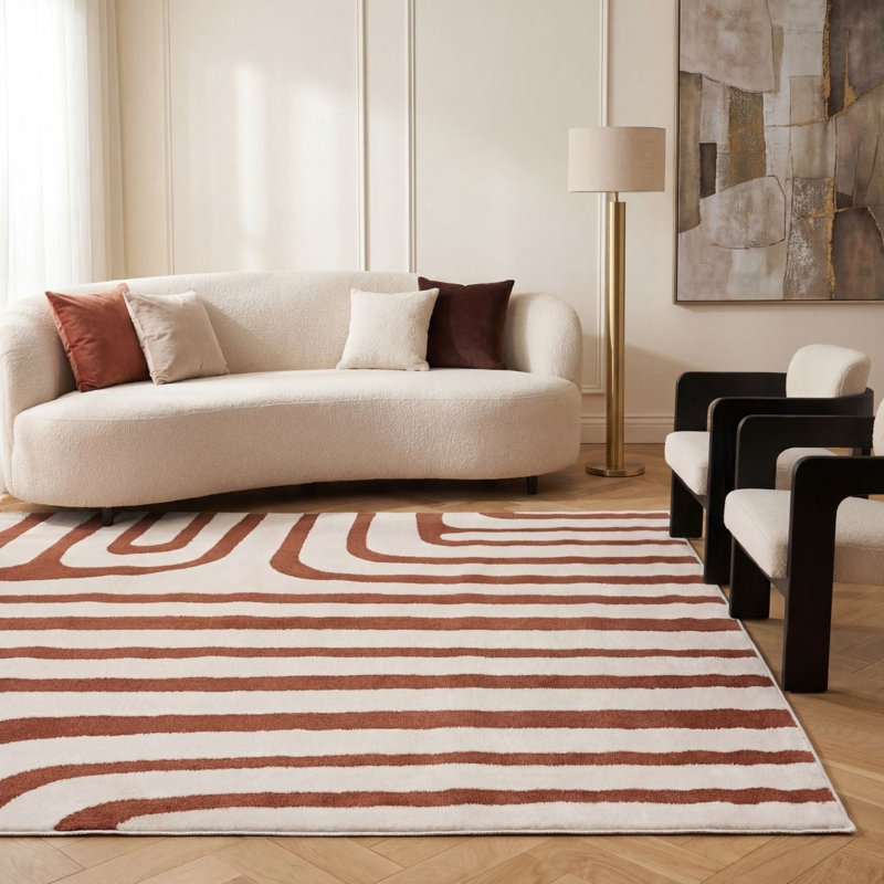 Loft Modern Curved Line Living Room Area Rug and Runner Soft Pile, Rectangle 200 x 290 cm, Orange/Ivory