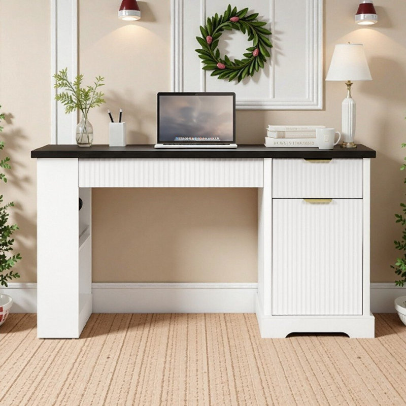ZARENIQ 55" Modern Fluted Computer Desk with Power Outlet, Storage Cabinet, Drawers, Pegboard, Built-In Shelves & Keyboard Tray