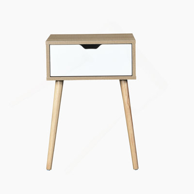 White Side Table With 1 Drawer And Rubber Wood Legs Mid-Century Modern Storage Cabinet