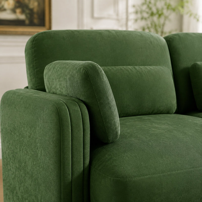 Canapé d'angle 3 places en L avec pouf amovible, canapé d'angle modulaire capitonné en chenille verte